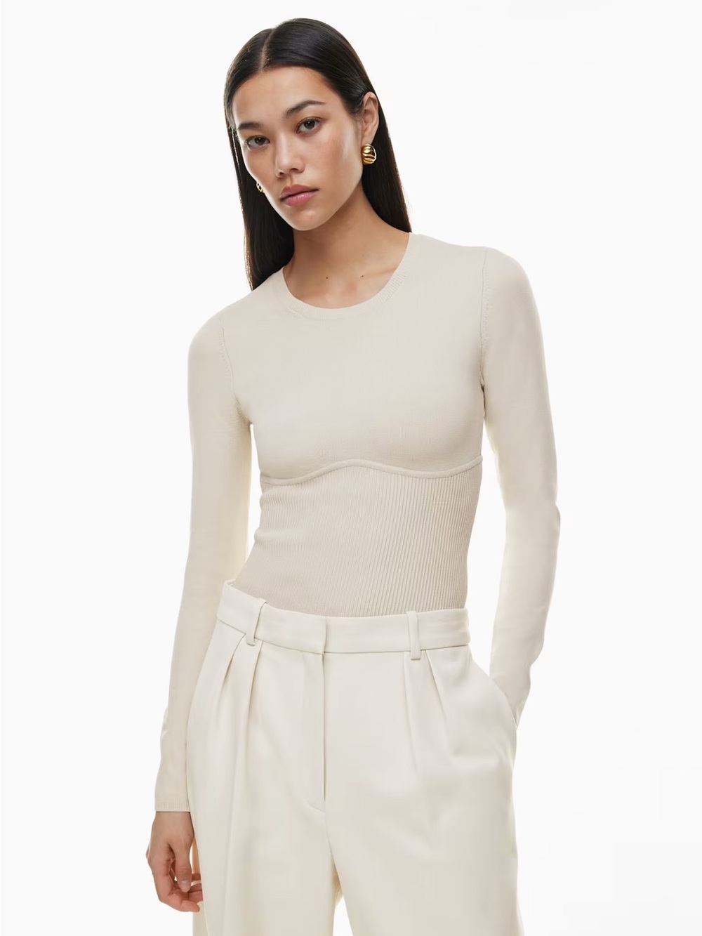 Aritzia Babaton Cream Ribbed Long-Sleeve Crewneck Top